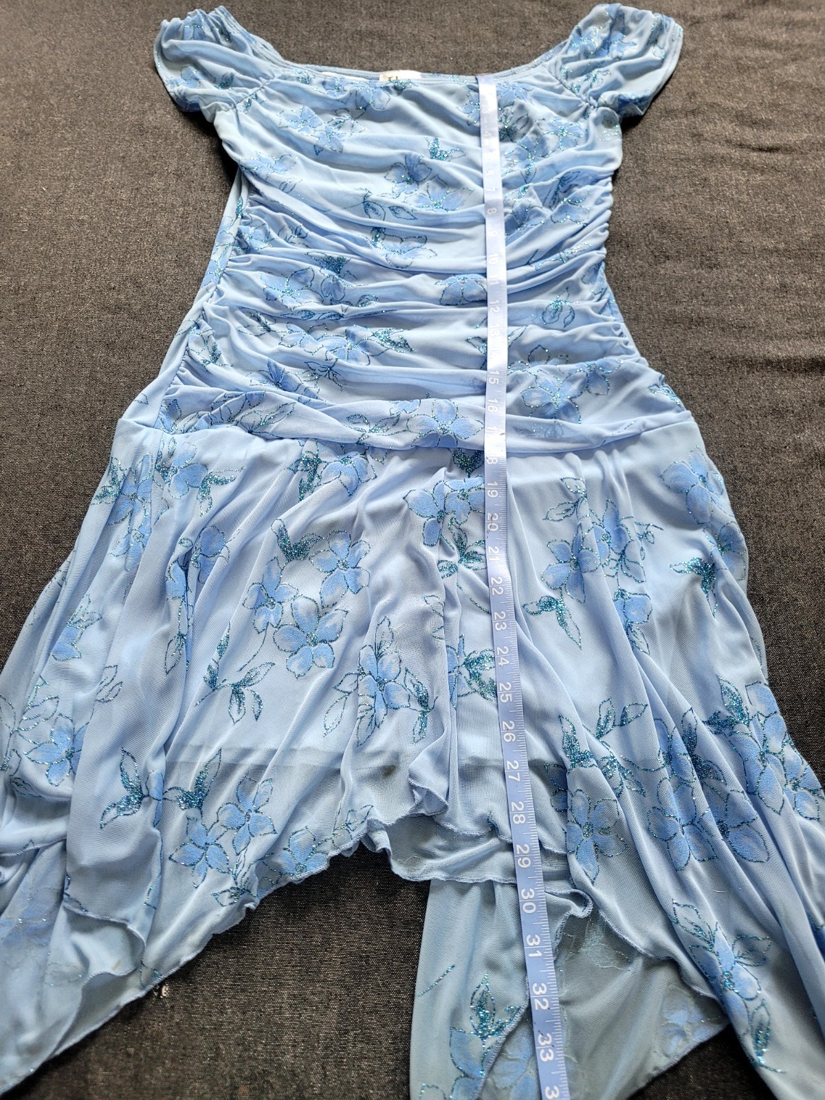 Vintage 90s Y2K Taboo Blue Floral Drop Waist Asymmetrical Hem Prom Hoco Size S/M