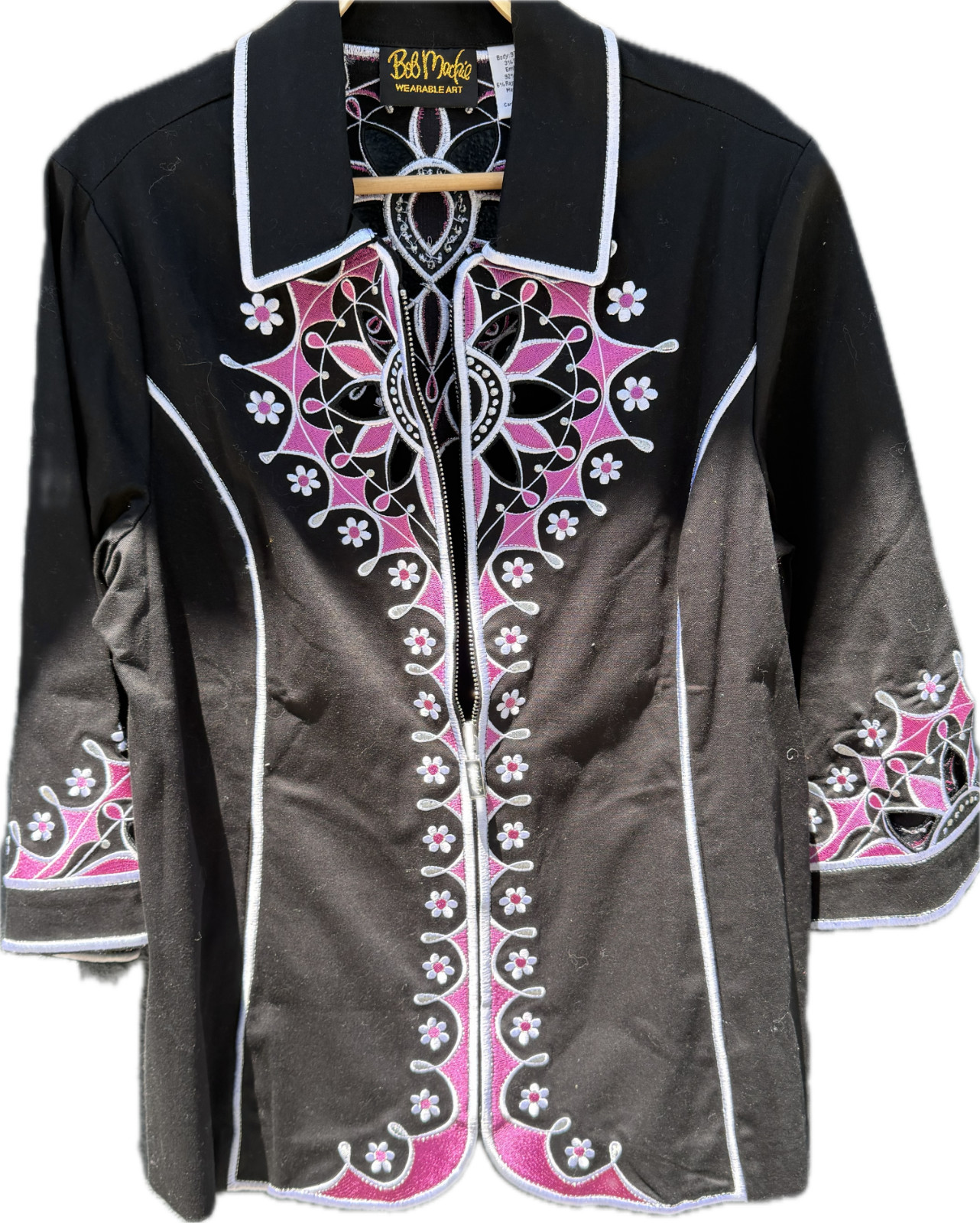 Bob Mackie Wearable Art Black floral Embroidered Cut Out Jacket