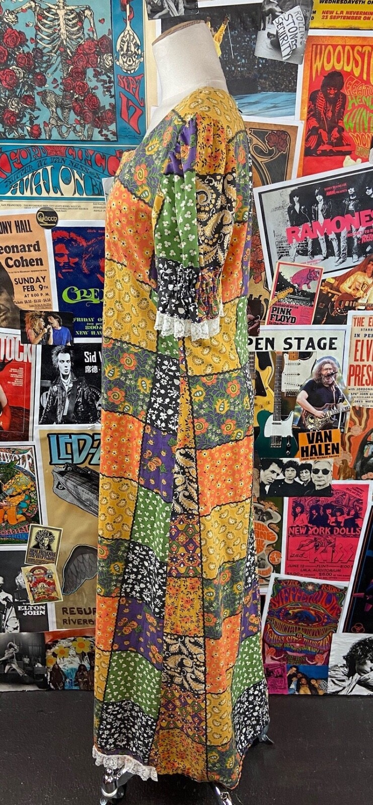 Vtg 70s Colorful Patchwork Print Puff Sleeve Maxi Boho Hippie Dress S/M Retro