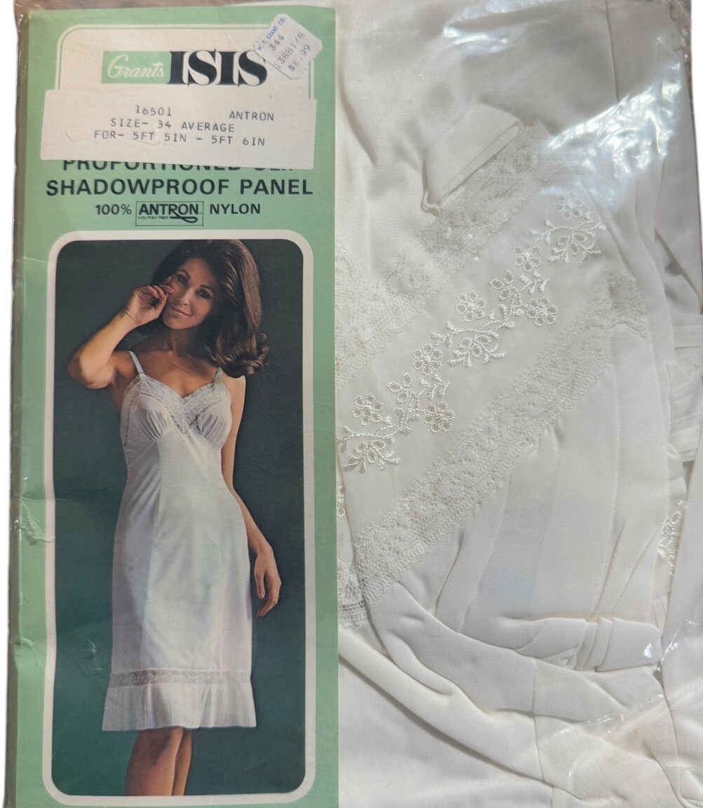 Vtg White Nylon Slip 34 Average NIP New In Pkg WT Grant Co. ISIS Brand Lace Trim