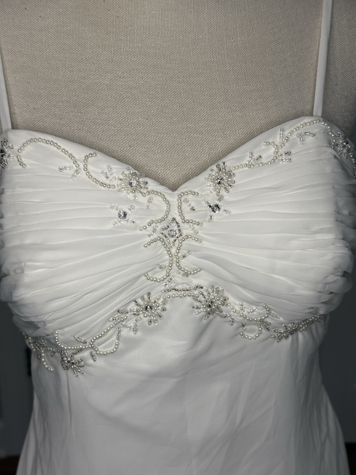 Y2K White Chiffon Empire Waist Wedding Dress Beaded Sweetheart US 12-14