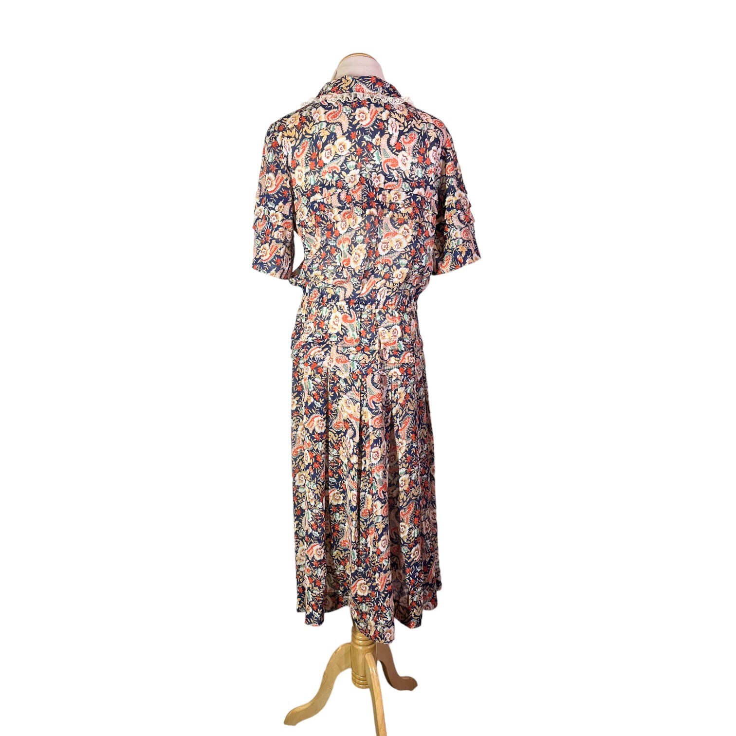 Vintage Unbranded Floral Shirtdress Sheer Lace Collar Fits 10/12