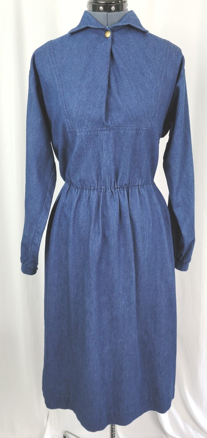 Vintage Impromptu Denim Dress w Snap Gathered Bib & Elastic Waist Size 9/10