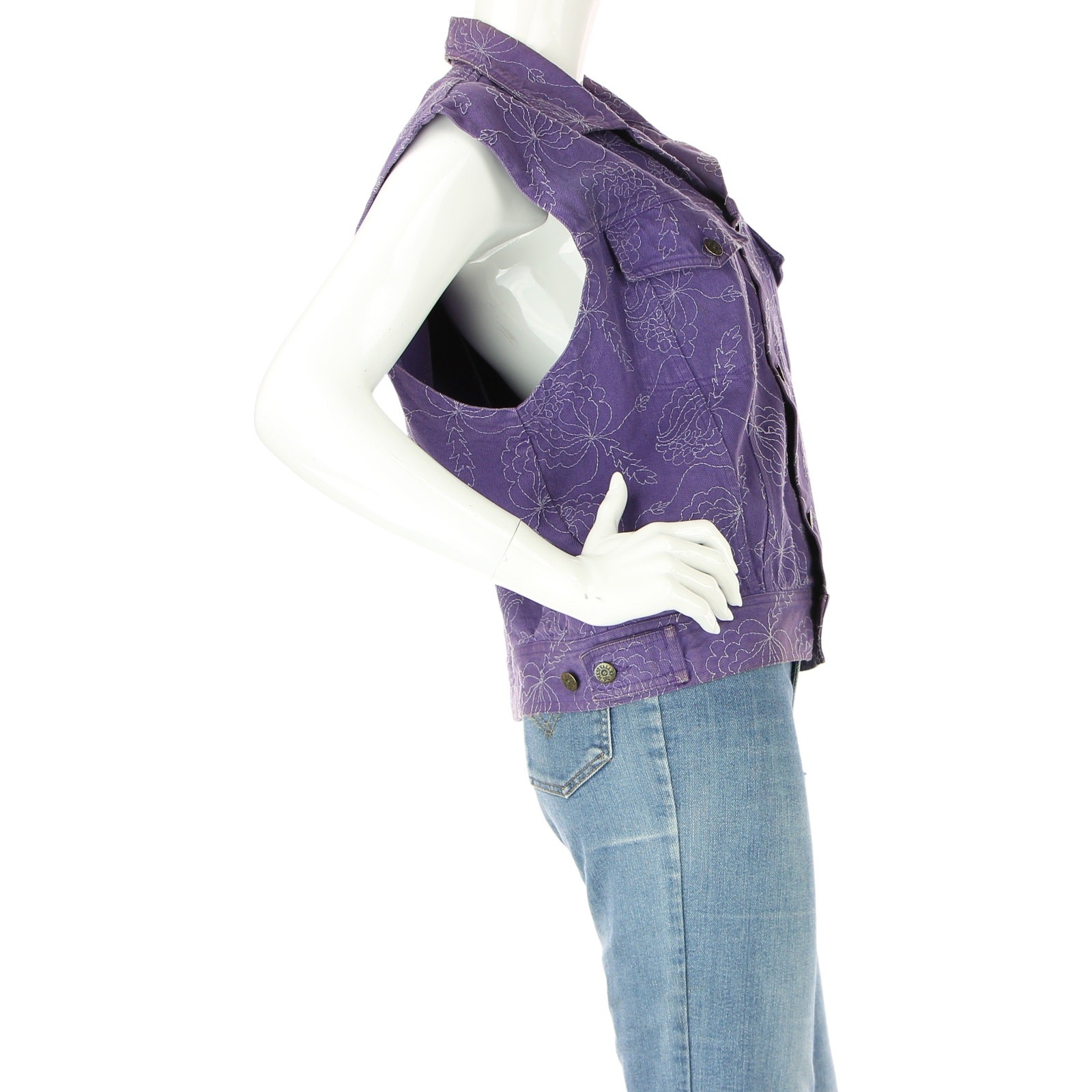 Vintage Italy Made All Over Embroidery Floral Purple Denim Jean Vest