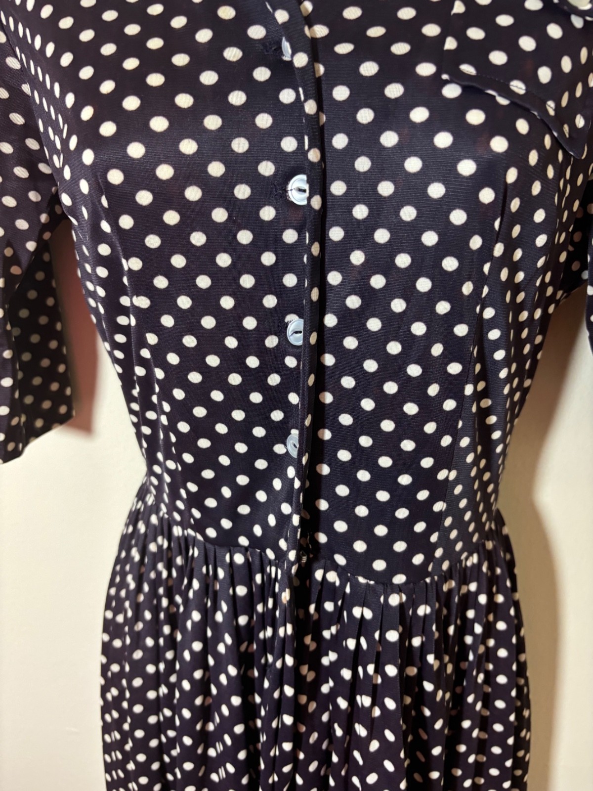 Vtg 50s Shirt Dress S Polka Dot Fit Flare Pinup Retro Rockabilly Button Pocket