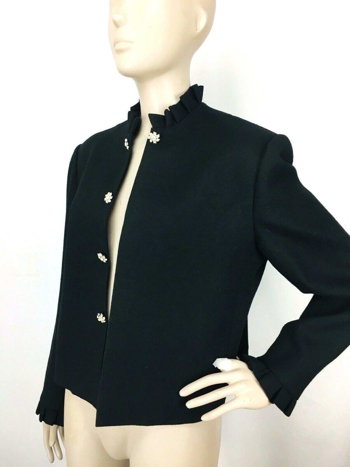 Vintage 70s C’est Simone Black Wool Jacket Rhinestone Detail Ruffled Neck Cuffs