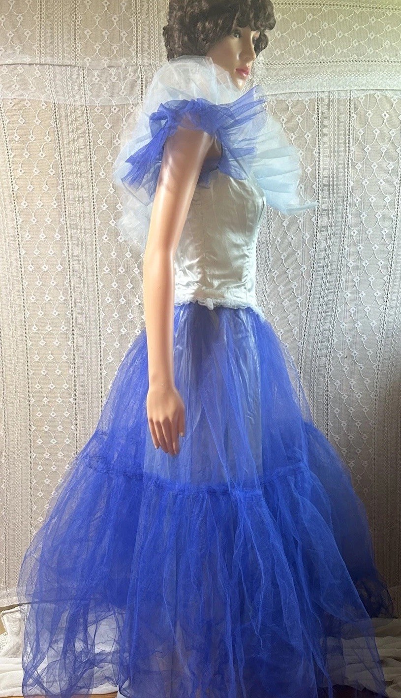 Vintage Tulle Ball Gown 34″w Theatrical Drama Ruffle Dress, Blue 80s 50s Prom