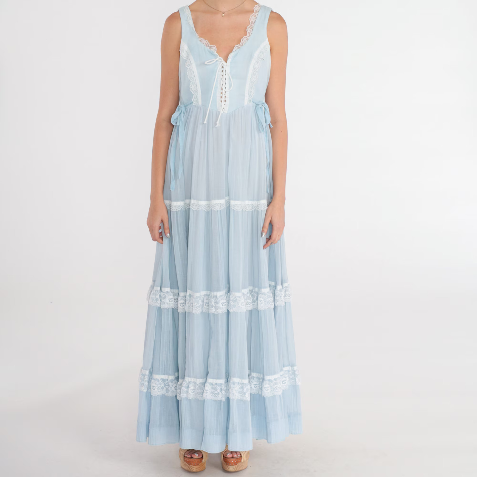 70s Gunne Sax Dress S Baby Blue Sundress Vintage Prairie Maxi Bohemian Lace Up S