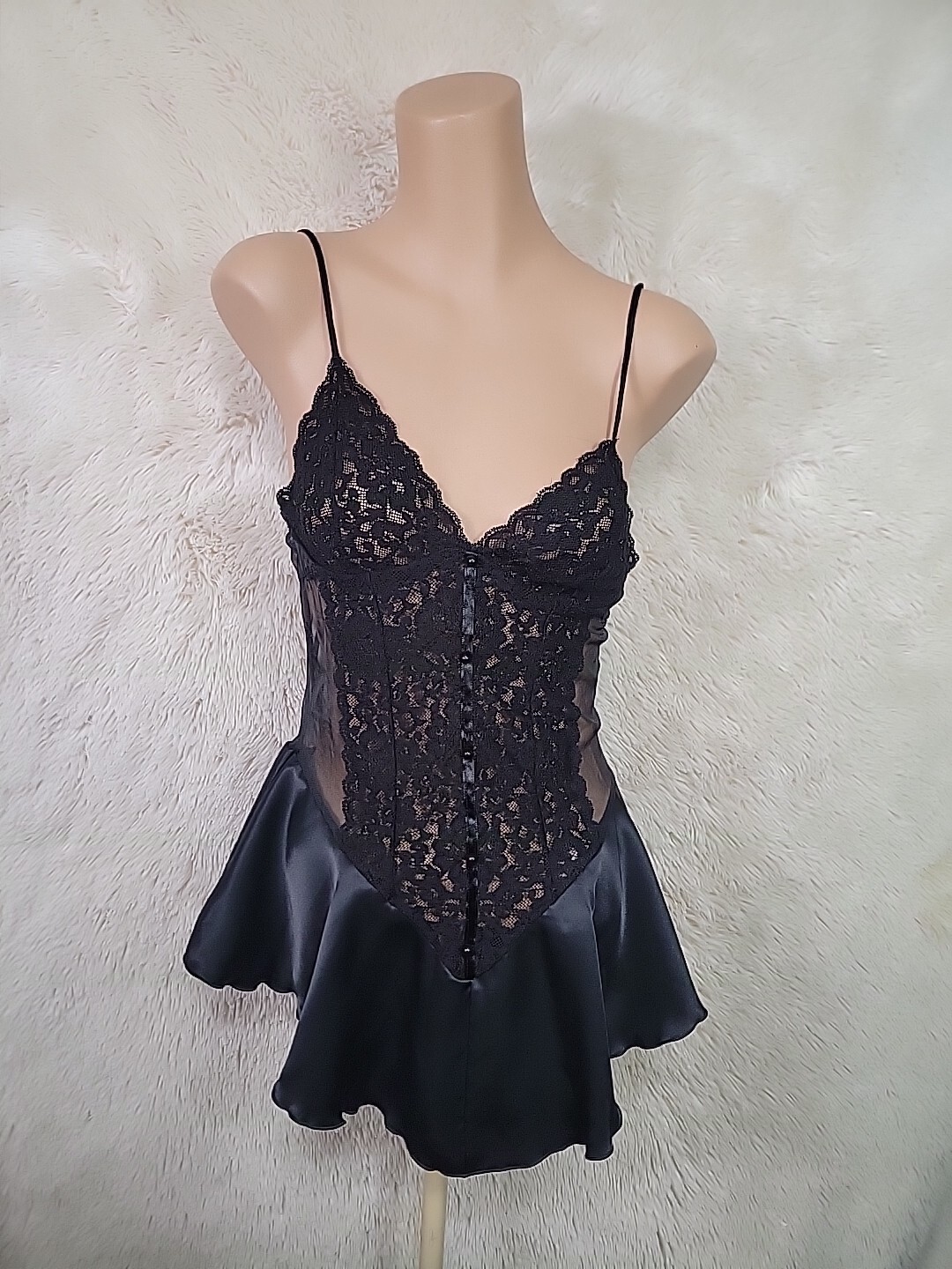 Vtg Y2K Intimo Amore Teddie Women Size Medium Lingerie Short Dress Black Lace J