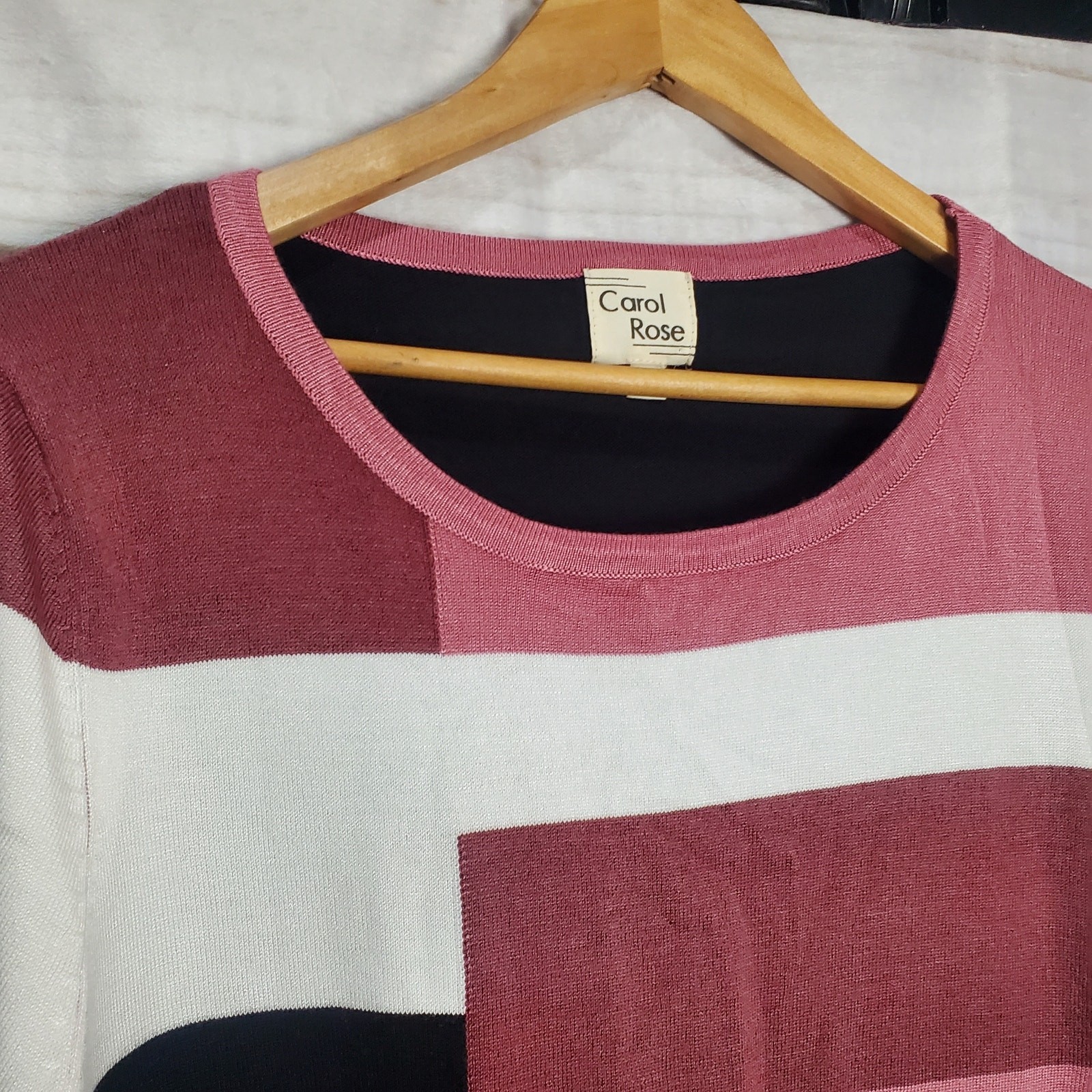 Vintage Carol Rose Blouse Womens Large Pink Black Color Block Stretch Soft 90s