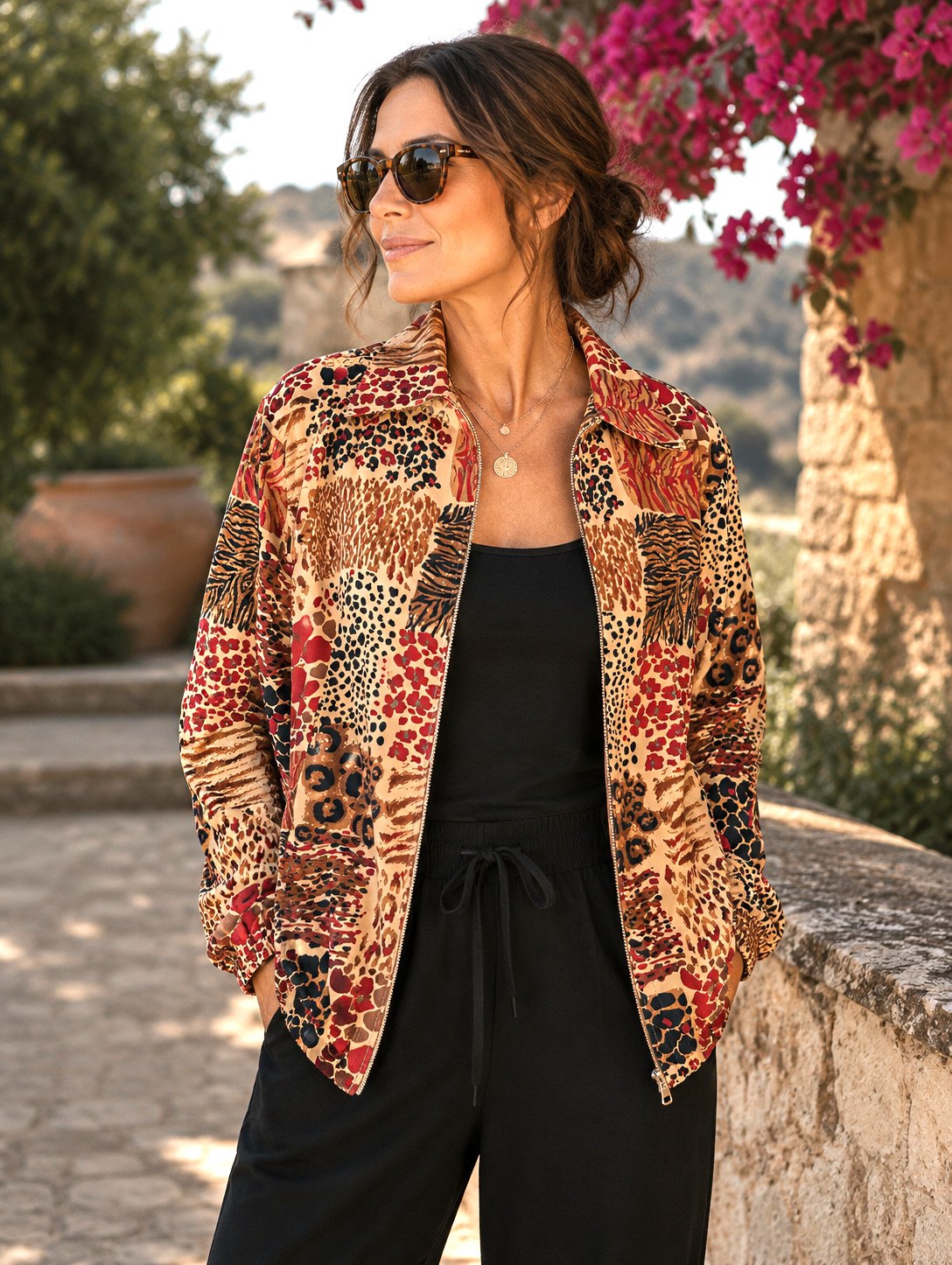 Animal Print Track Jacket VTG 80s Bon Worth Lightweight Coat Tan Brown Red Small