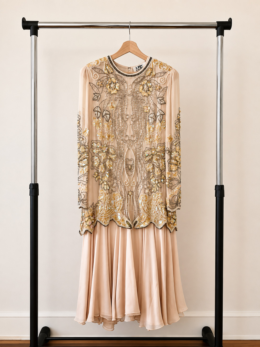 Vintage Lite Nite Line Silk Beaded Sequin Evening Dress Blush Pink Size 6