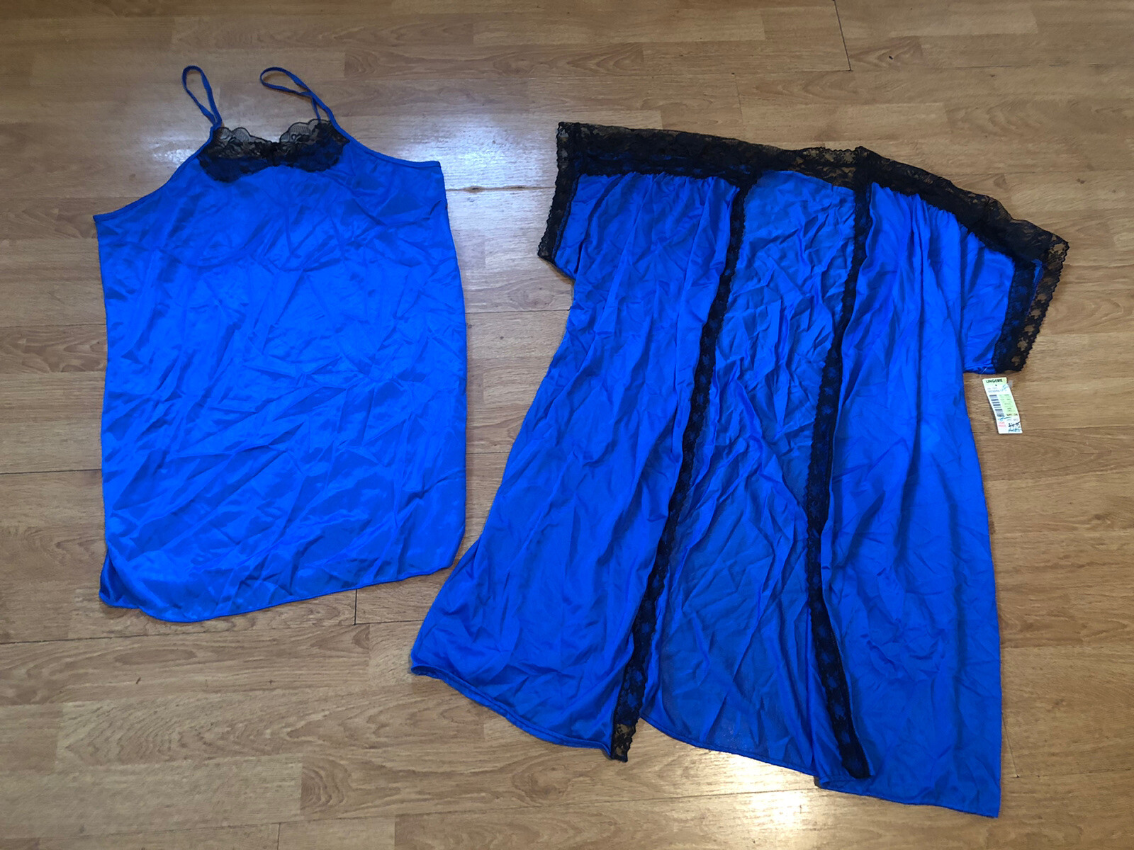 Vintage Royal Blue/Black Lace Silky Nylon Lingerie Set NOS (First Lady) Sz S