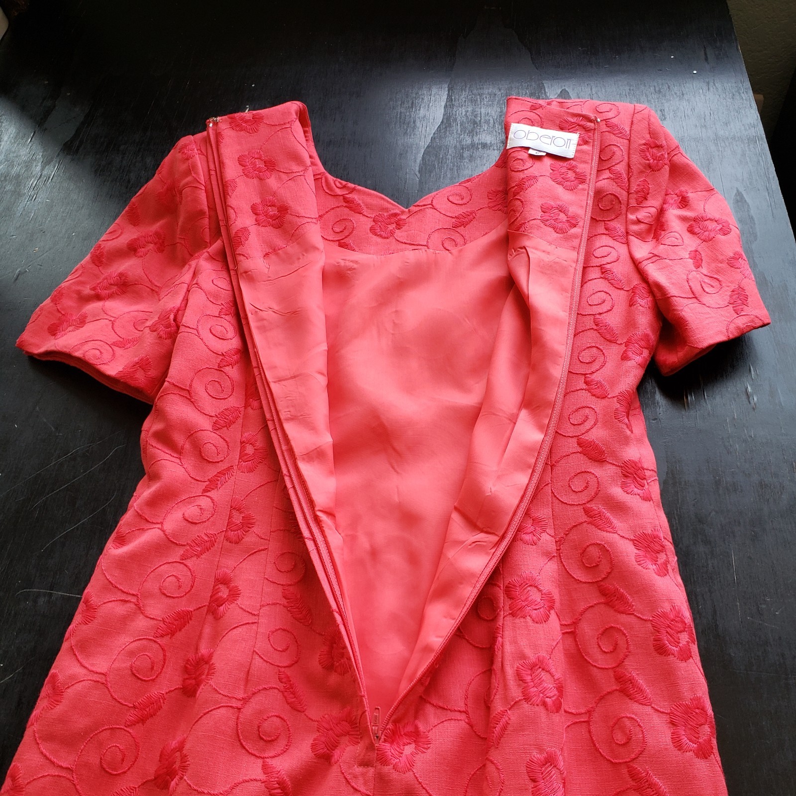 Oberon Dress 6 Embroidered Linen Blend Sheath Poppy Red Short Sleeve Knee Length