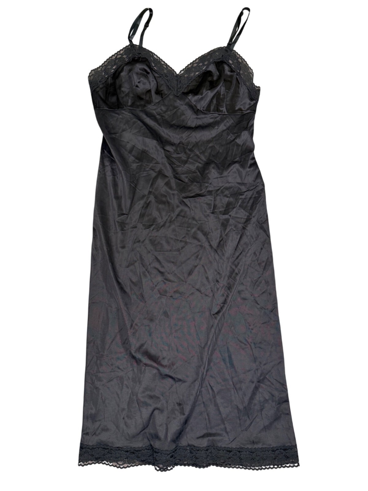 Vtg Vanity Fair Black Nylon Lace Slip Dress 38/28 Antron III Adjustable Straps