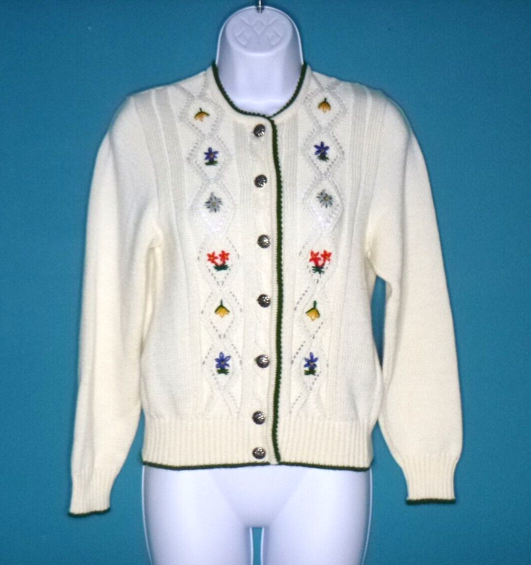Vtg Pfister Cardigan Off White W/ Floral Embroidery Metal Buttons Sz 40 Austria