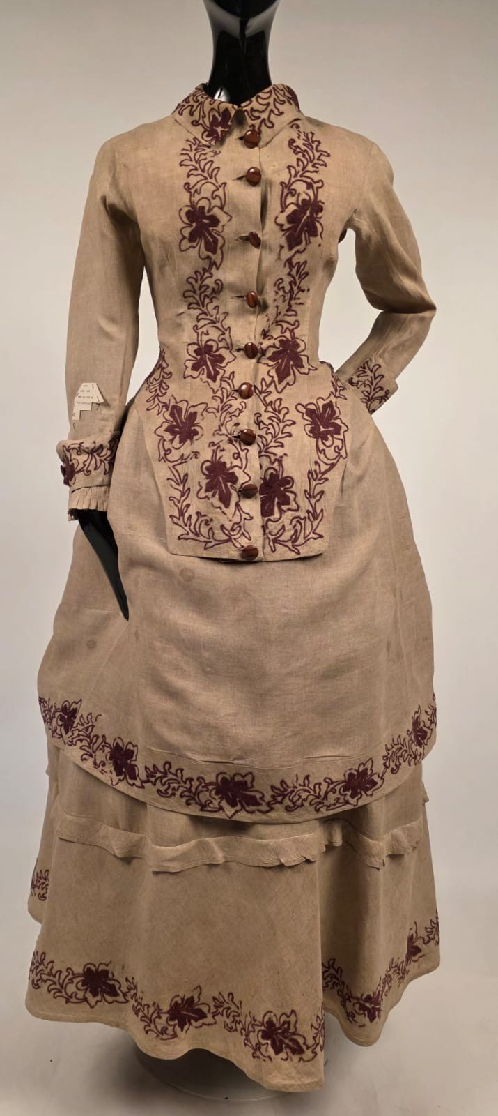 LATE 1860’S 3 PC LINEN TRAVELING SUIT BUSTLE DRESS W HAND EMB IN SOUTACHE STYLE 