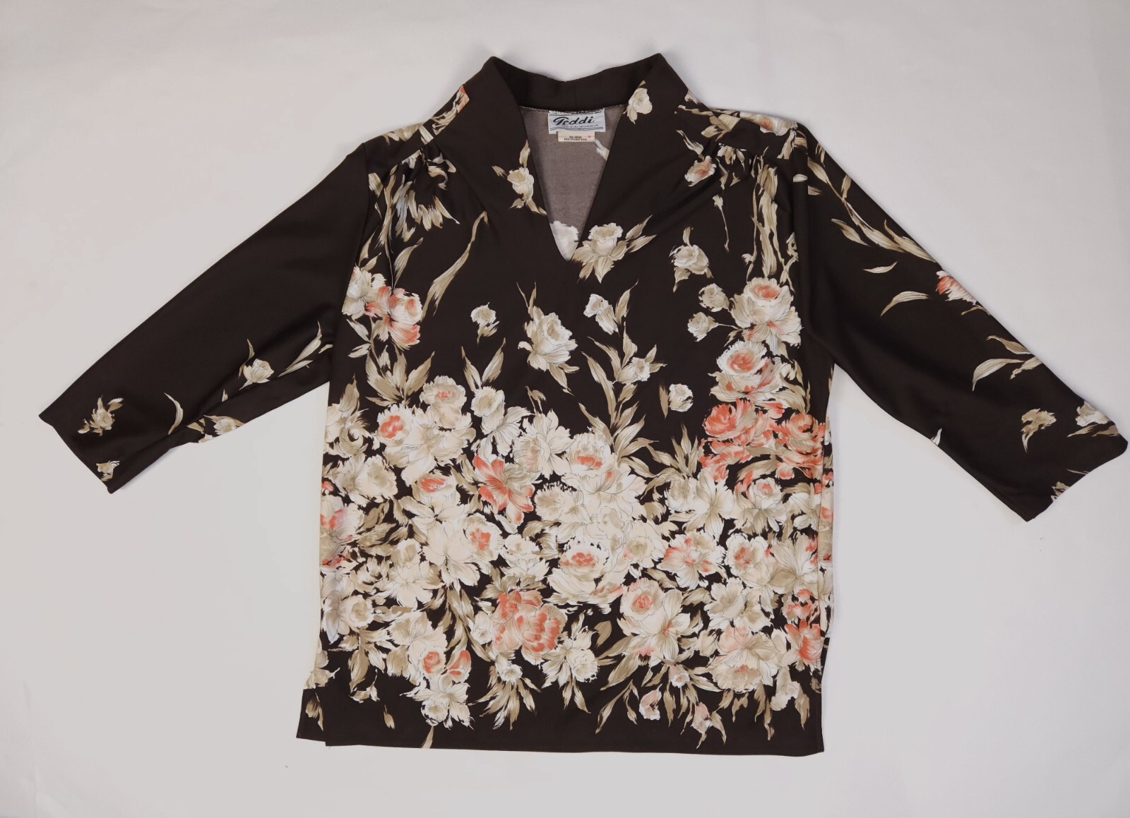 Vintage 60s Teddi Of California Brown Watercolor Floral Pullover Top Medium