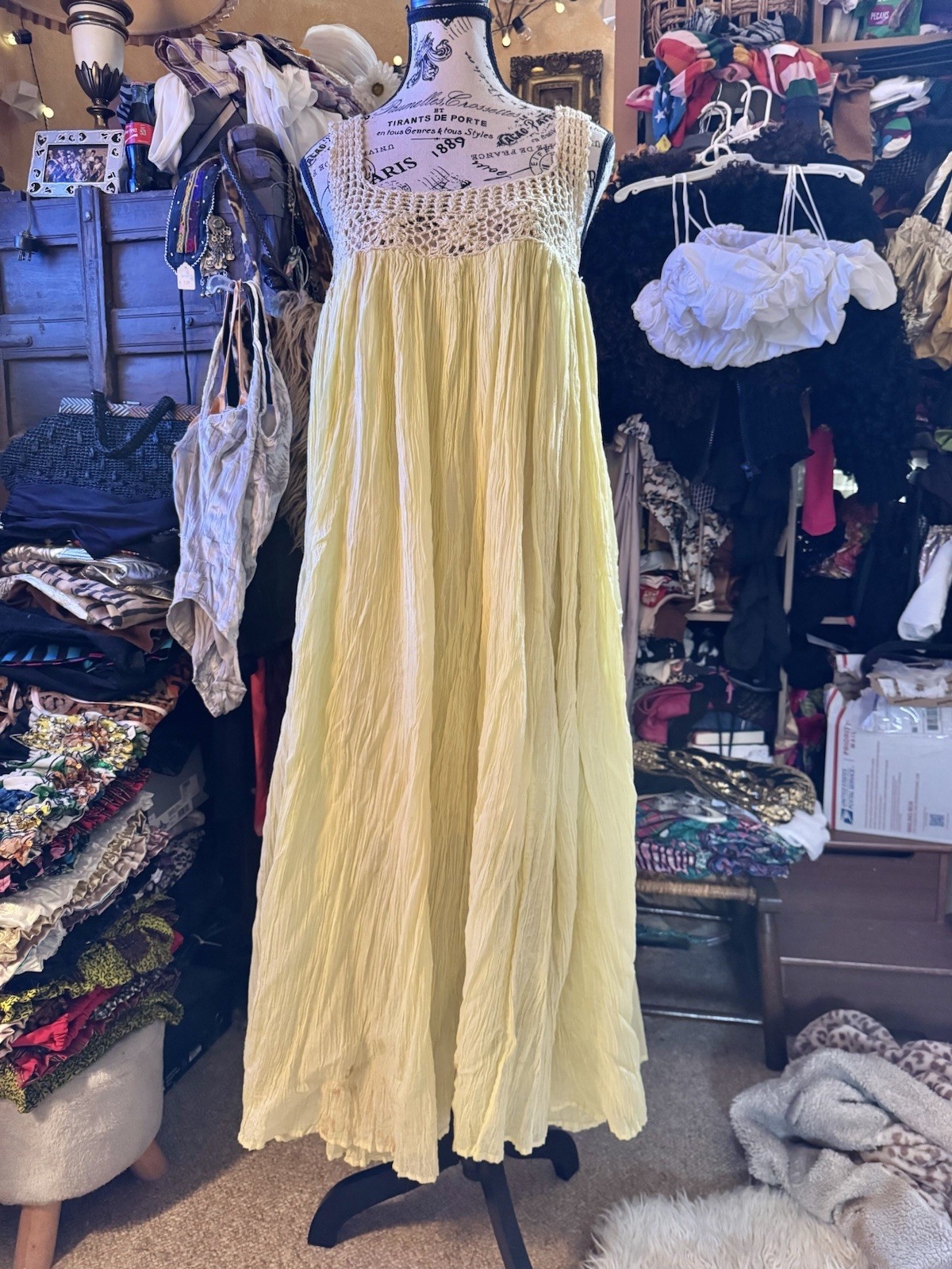 Vtg India Yellow Cotton Crochet Mesh Gauze Tent Maxi Dress Full Sweep Open Size