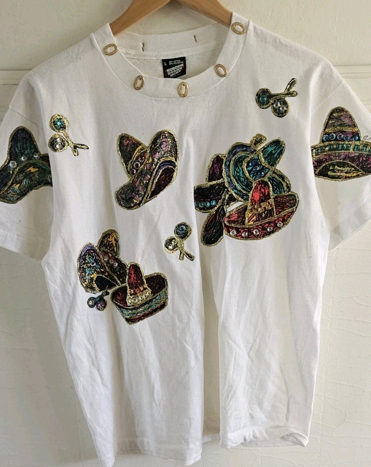 VTG Screen Stars Best Mexican Applique Gem Bead Sombero White Sz L Signed CAB