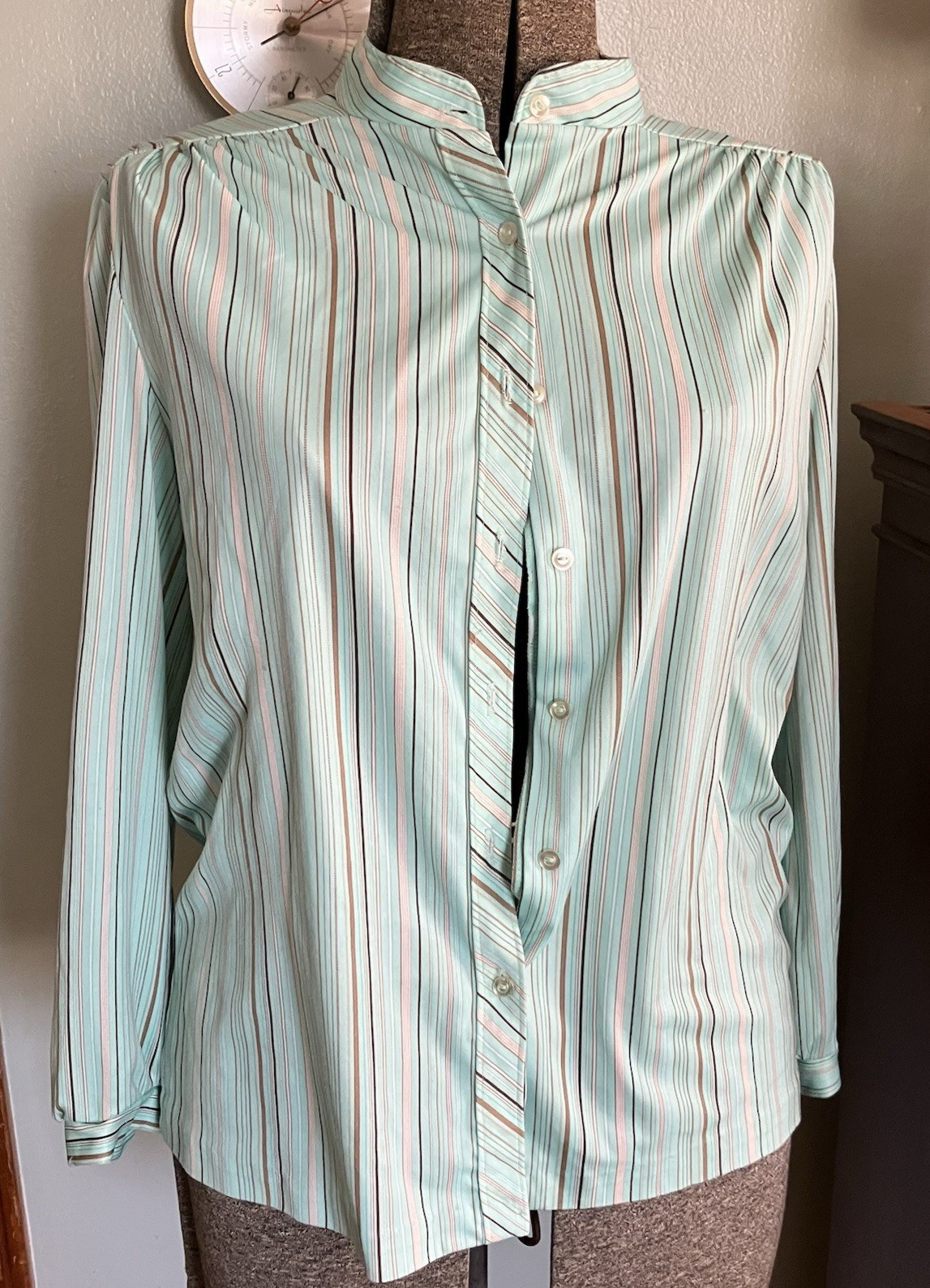 Vtg Shirt 70s Polyester Top Collar Spring Pastel Stripes Pink Aqua Brown M/L