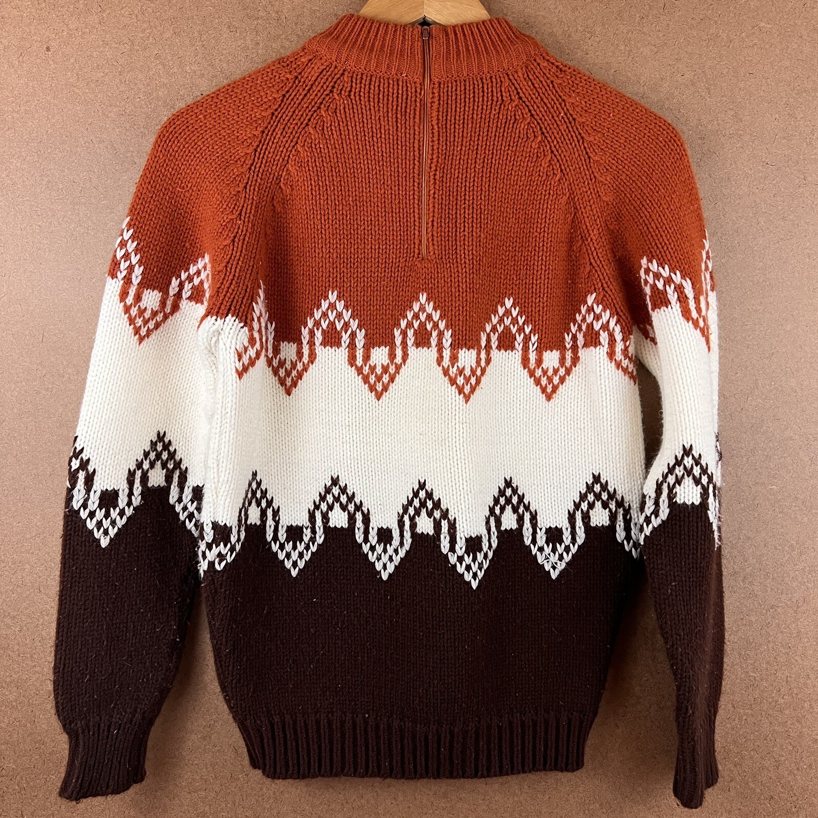 VTG 70s Full Fashion 1/4 Zip Acrylic Pullover Sweater Brown Orange White Small