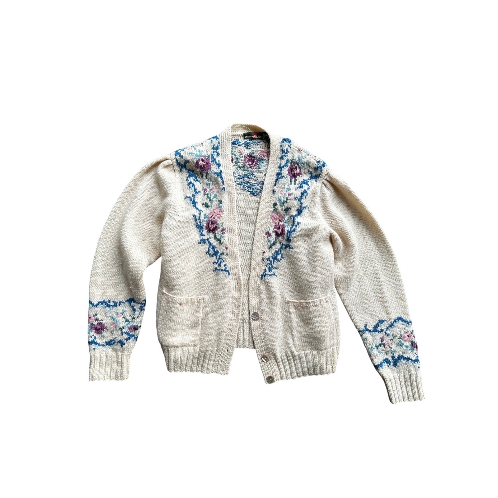 Vintage Outback Red Wool Floral Cardigan Sweater Cream Purple M Cottagecore