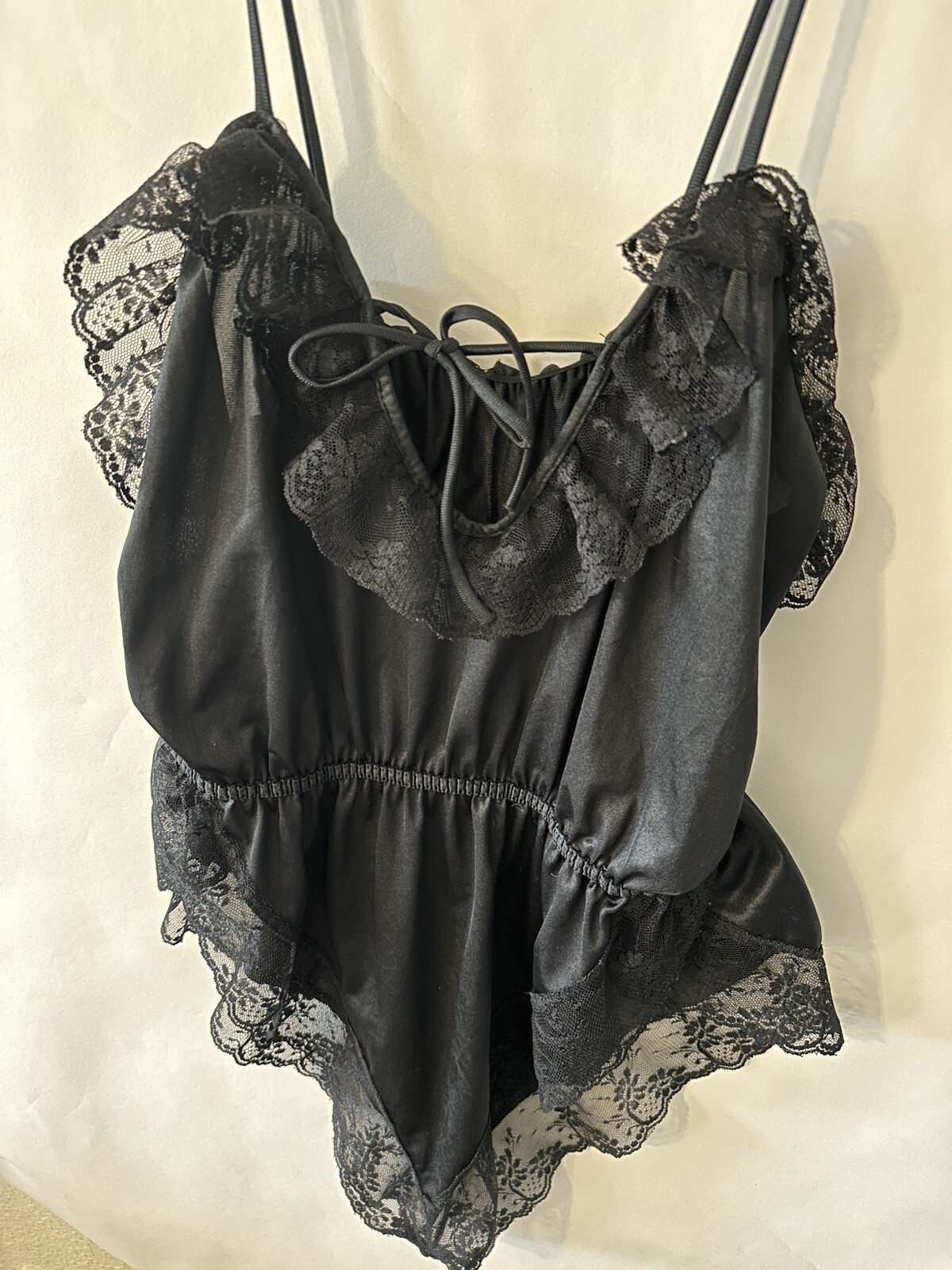 Vintage 1960s Teddie Pandora Lingerie by Chic Lace Satin Sexy High Leg Black LRG