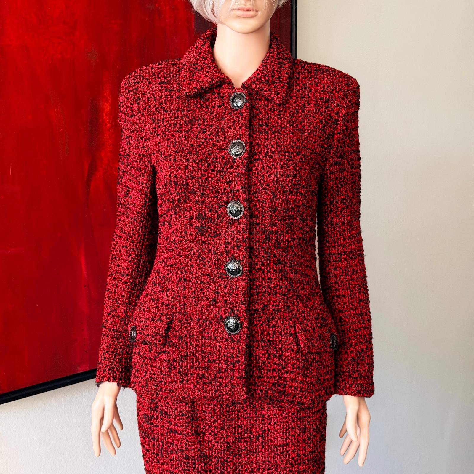 GIANNI VERSACE red wool boucle skirt suit size 42 from F/W 1995/96