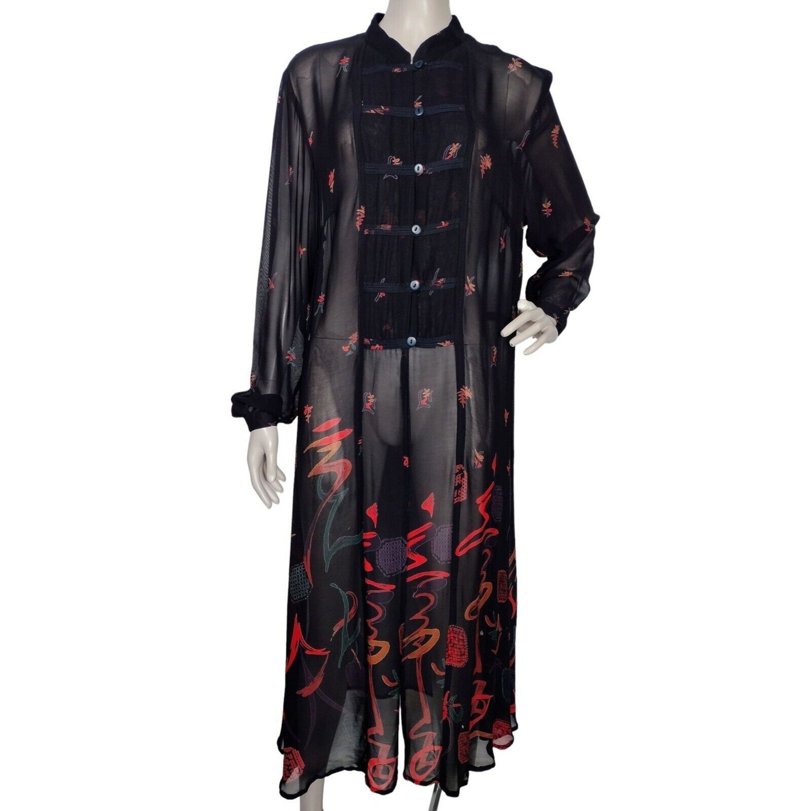 Vintage 90s PHOOL Boho Sheer Black Chiffon Button-Down Dress Size Large India