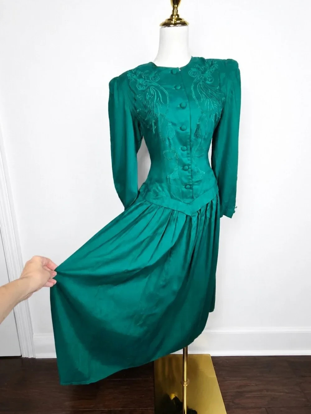 Vintage 80s Kathie Lee Emerald Embroidered Prairie Midi Dress Cottagecore Sz 6