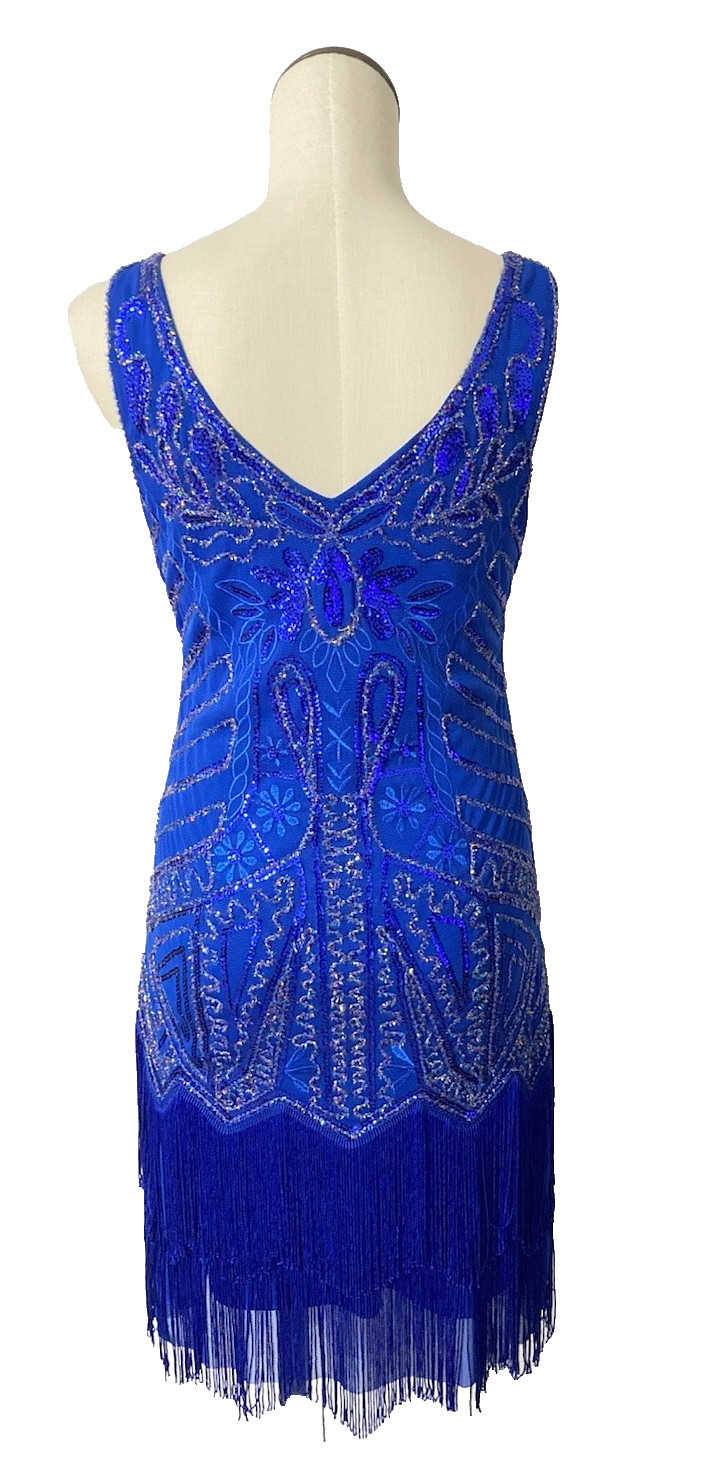 Flapper Dress 1920s Style Fringe Sequin Beaded Great Gatsby Party M Blue