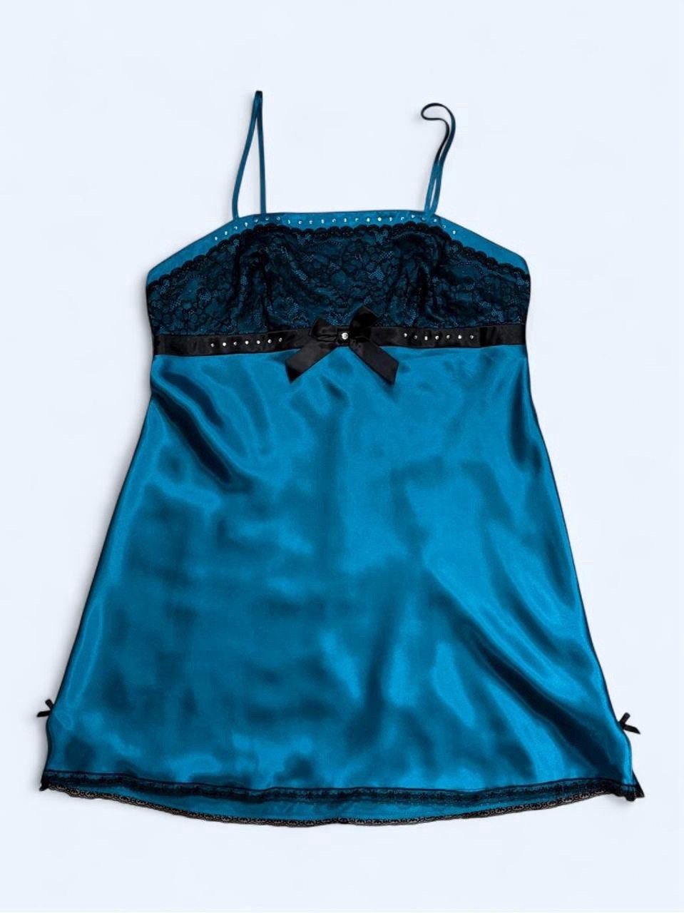 Vintage Y2K Morgan Taylor Teal Rhinestone Bows Satin Lace Slip Dress Chemise L