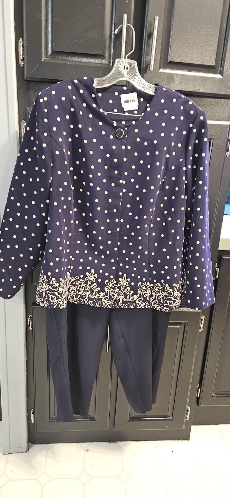 Vintage Leslie Fay Dress Pantsuit Sz 22WP Petite Navy Blue Polkadot Office