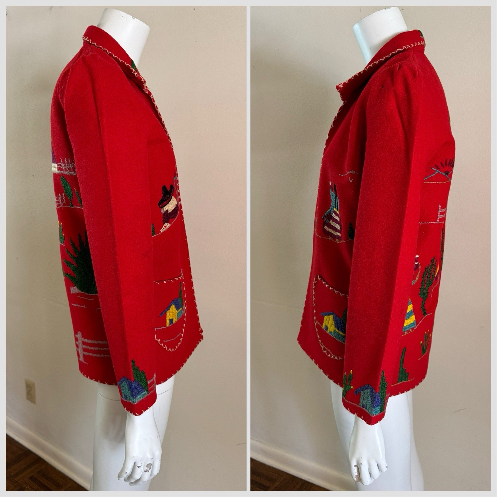 1940s Vtg Mexican Wool Embroidered Tourist Souvenir Jacket 40s Folk Art