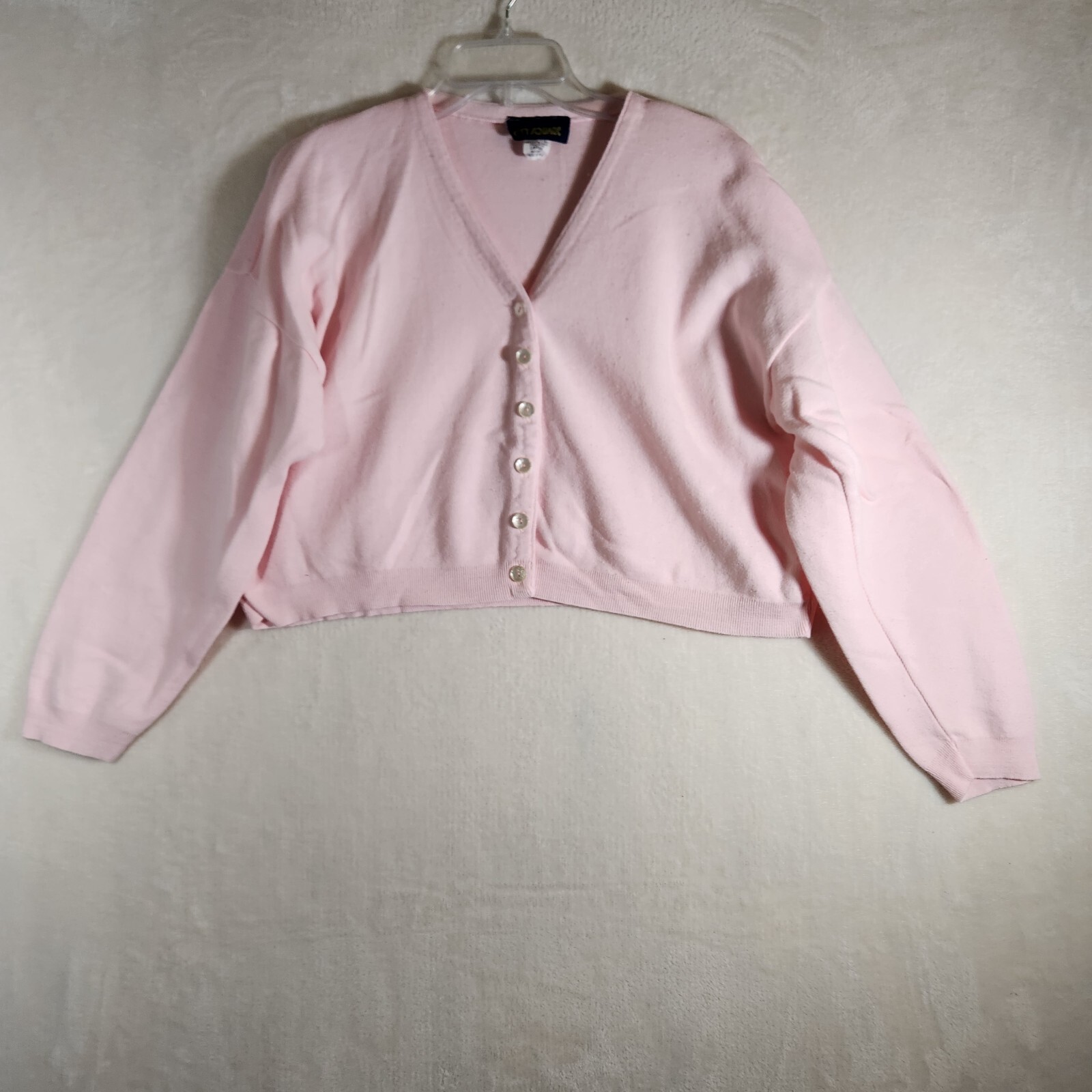 Vintage Pink Sweater Cropped Cardigan Cotton Pastel Made In USA Large 90s Y2K