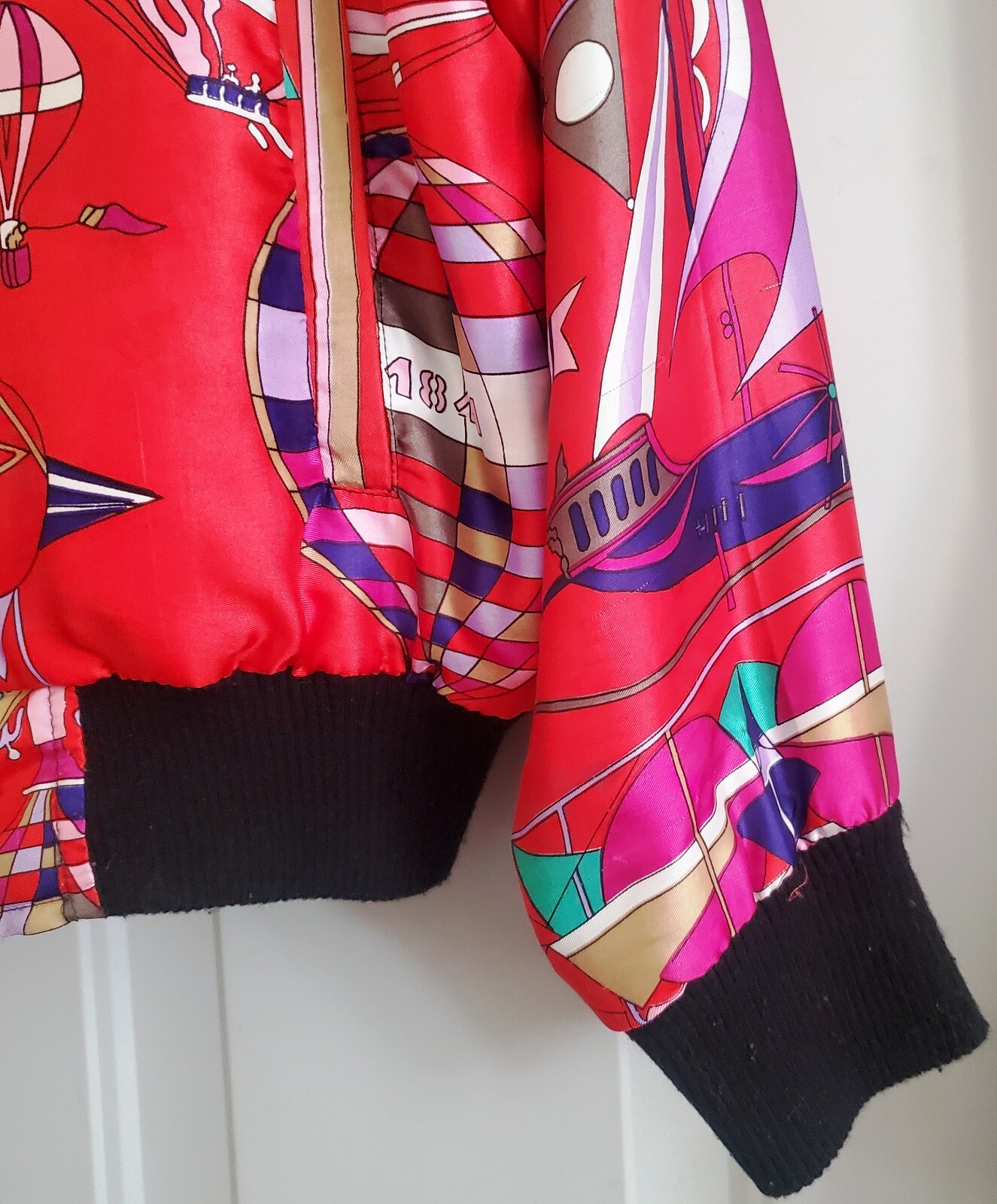 Rare Vintage 80s Angela Tong Satin Bomber Hip-Hop Jacket Red Balloon Print Large