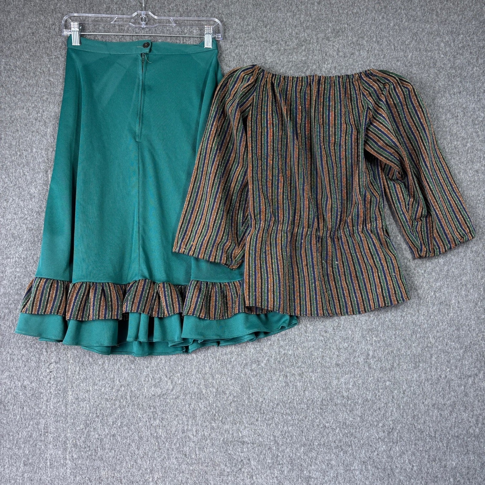 Vintage 70s Metallic Lurex Striped Peasant Top and Ruffle Midi Skirt Set Teal 9