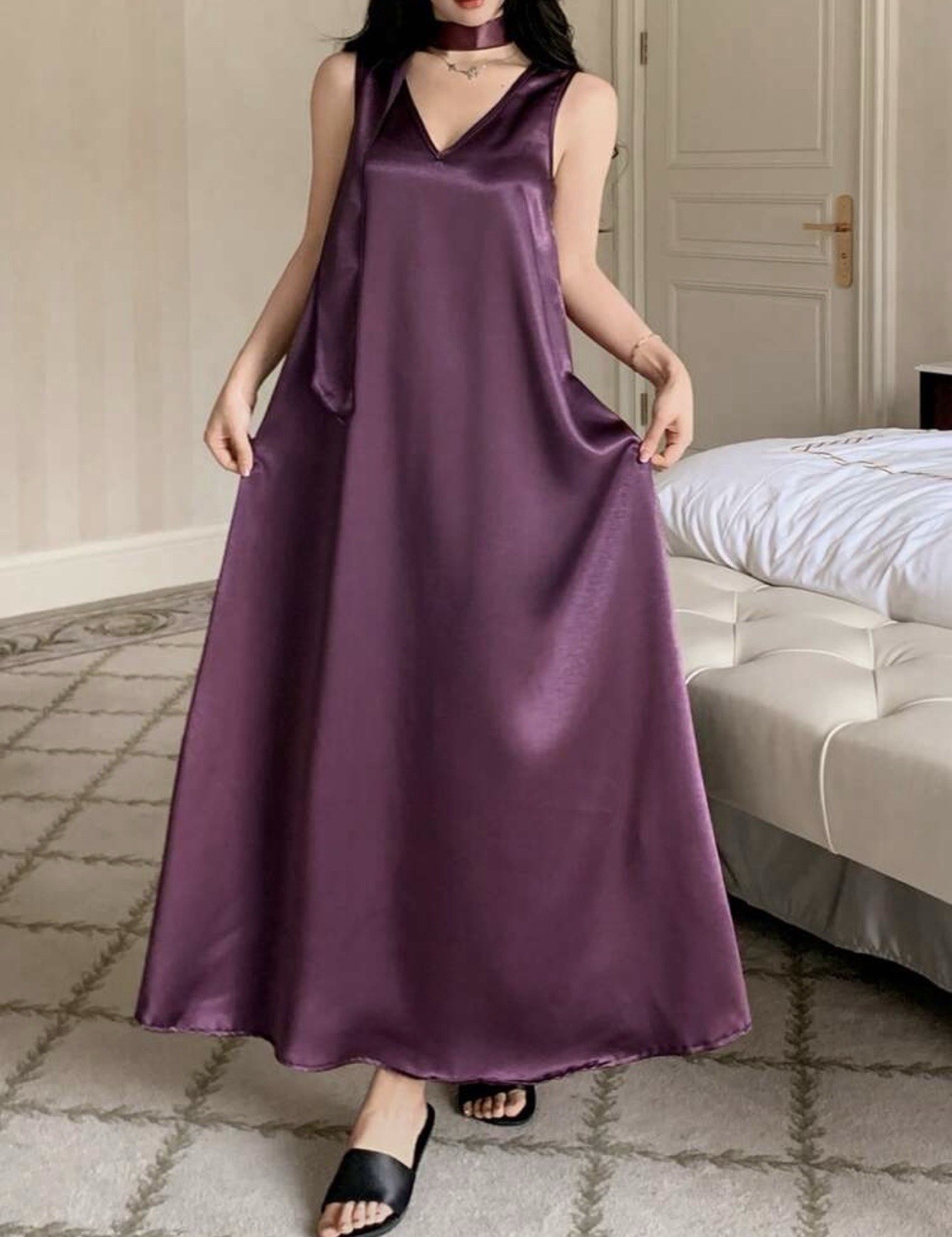 Silver Shiny Satin LONG Maxi NIGHTGOWN Full Slip Camisole GOWN Scarf Dress L NEW