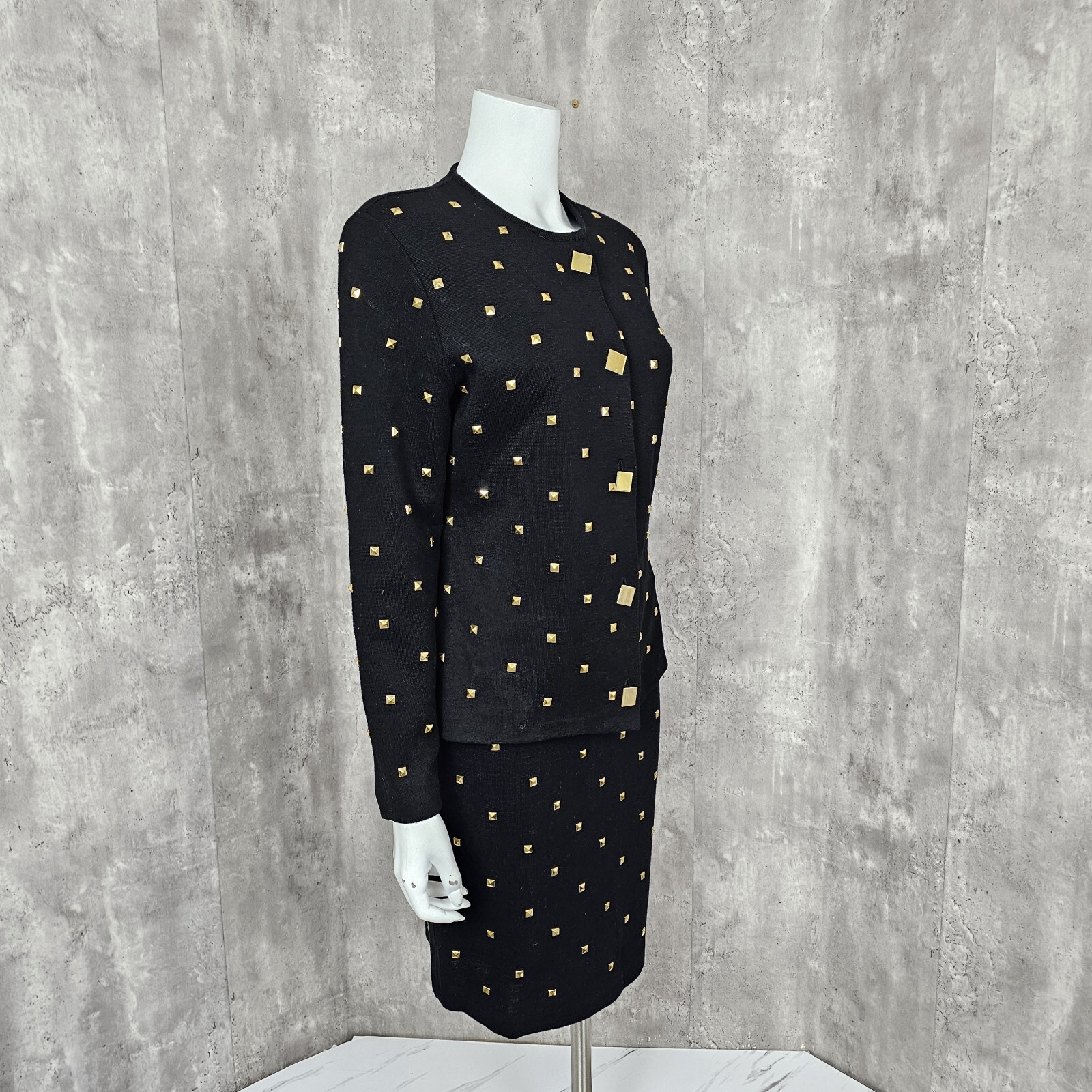 Vintage 80s 90s Outlander Collection Black Skirt Suit Gold Pyramid Studs Career