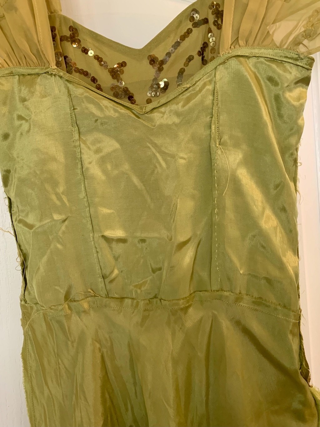 Vintage 1930s Princess Chartreuse green /yellow Chiffon & sequin Gown long Dress
