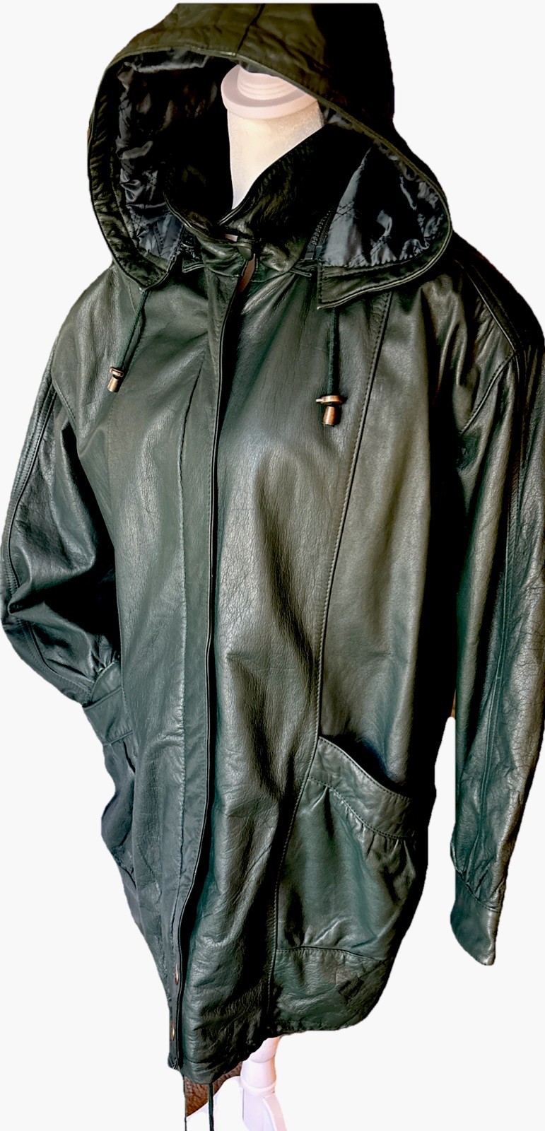 Vtg Green Leather Coat Quilted Liner Removable Hood High Collar J. Ferrar M