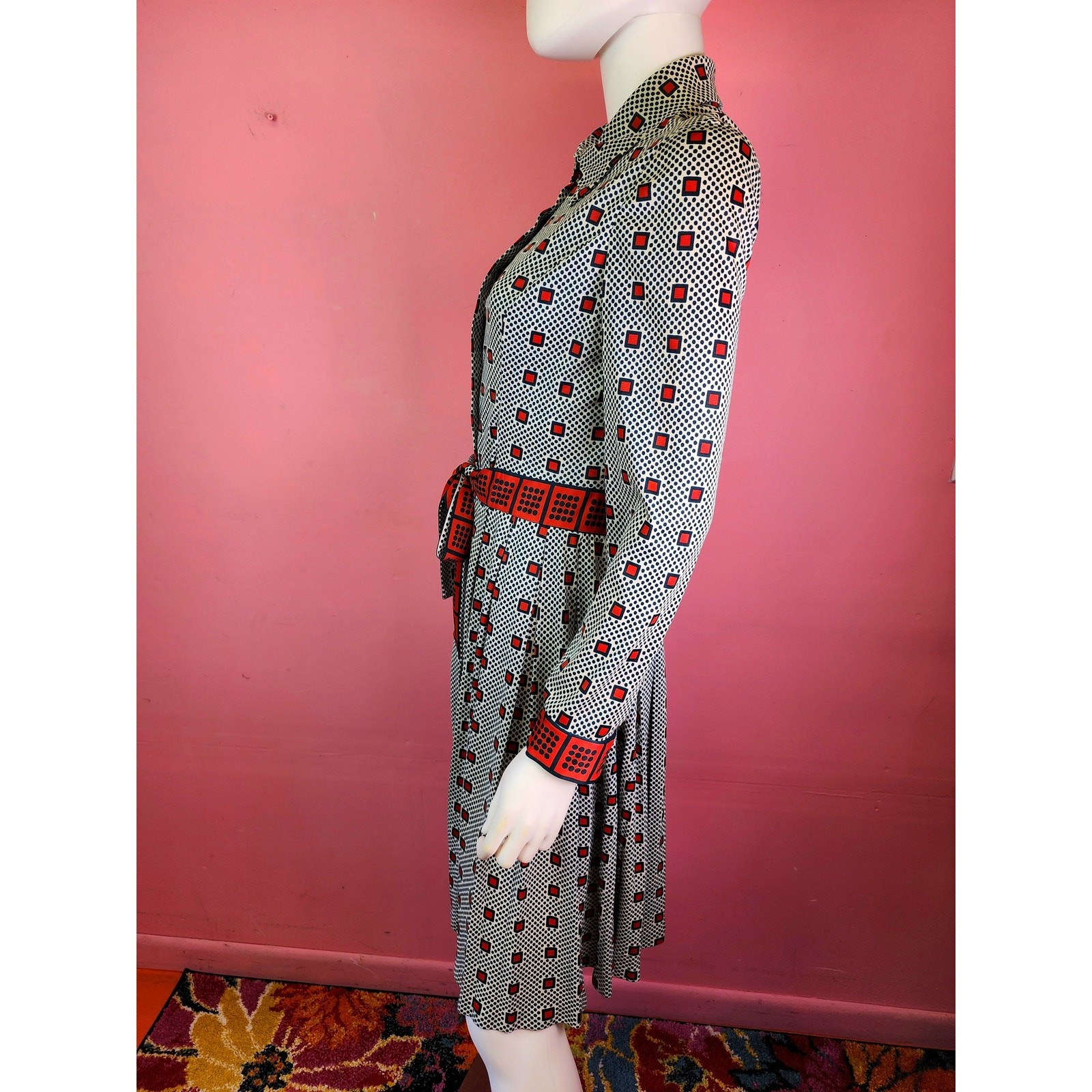 Vintage 1970’s Green and Red Checkered Dot Patterned Pleated Shirt Dress