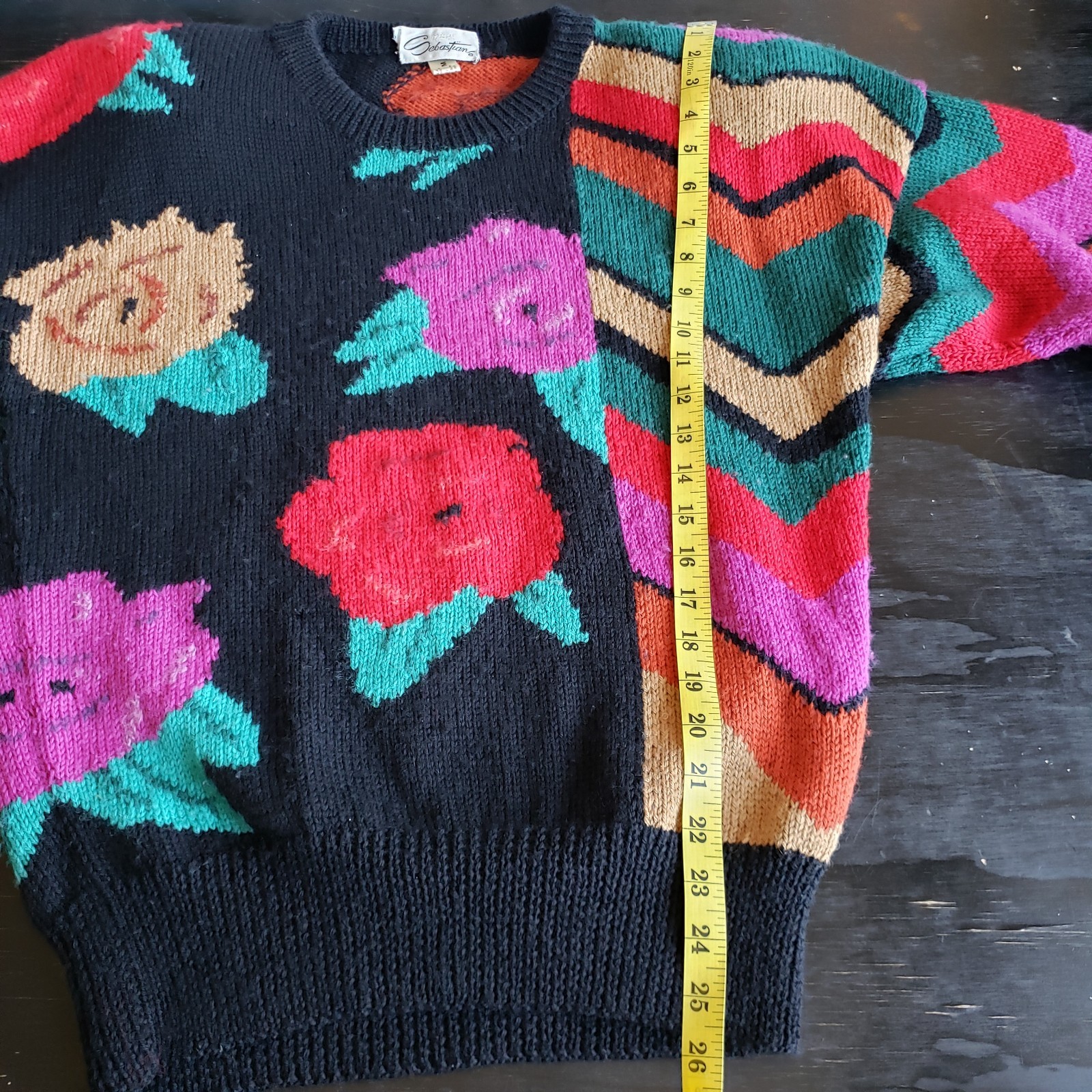 Vintage 80s Sweater M Wool & Mohair Black Bright Roses Stripes Made In England