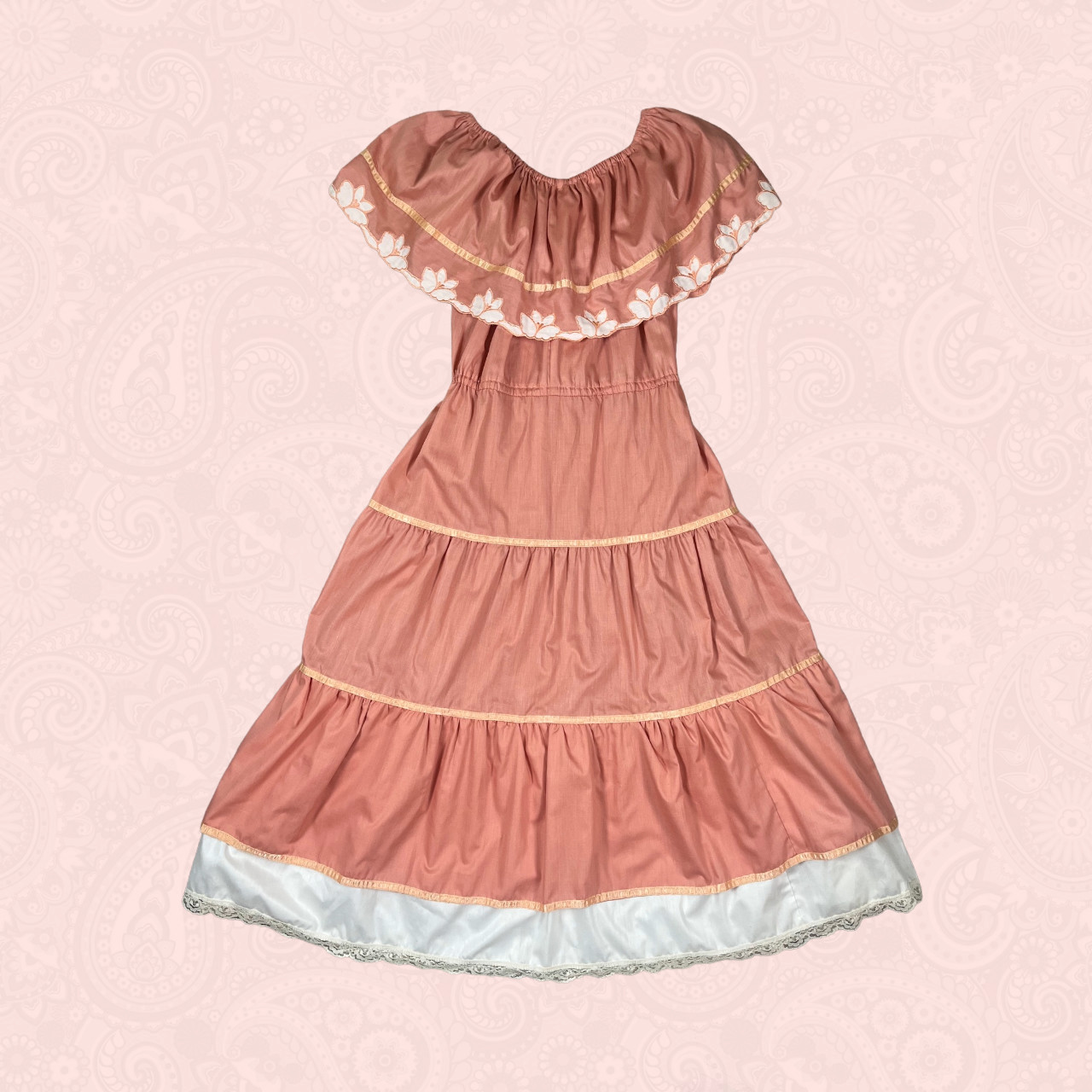 Vintage 70s Young Edwardian Arpeja Pink Off Shoulder Lace Midi Peasant Dress XS