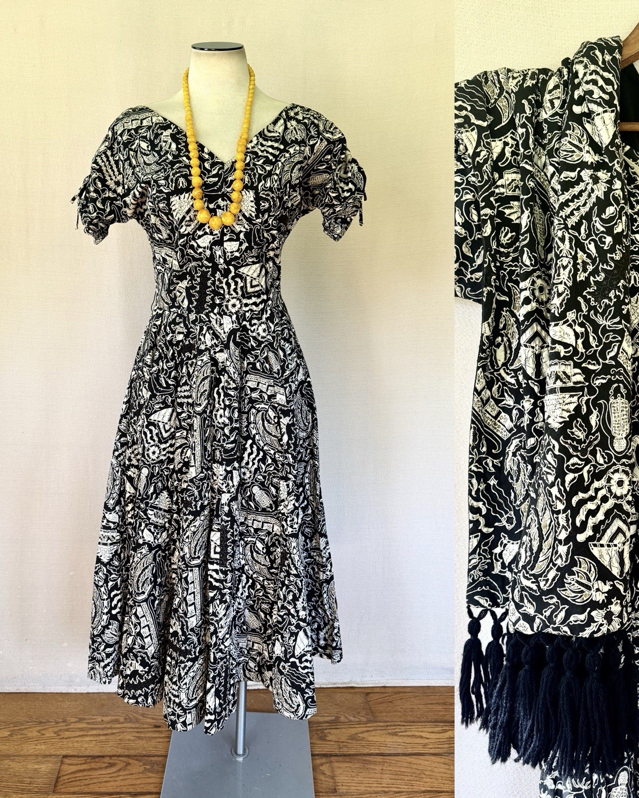 Vintage Sandra Sage 1950s Dress With Matching Shawl Black Ivory 34 M Rockabilly