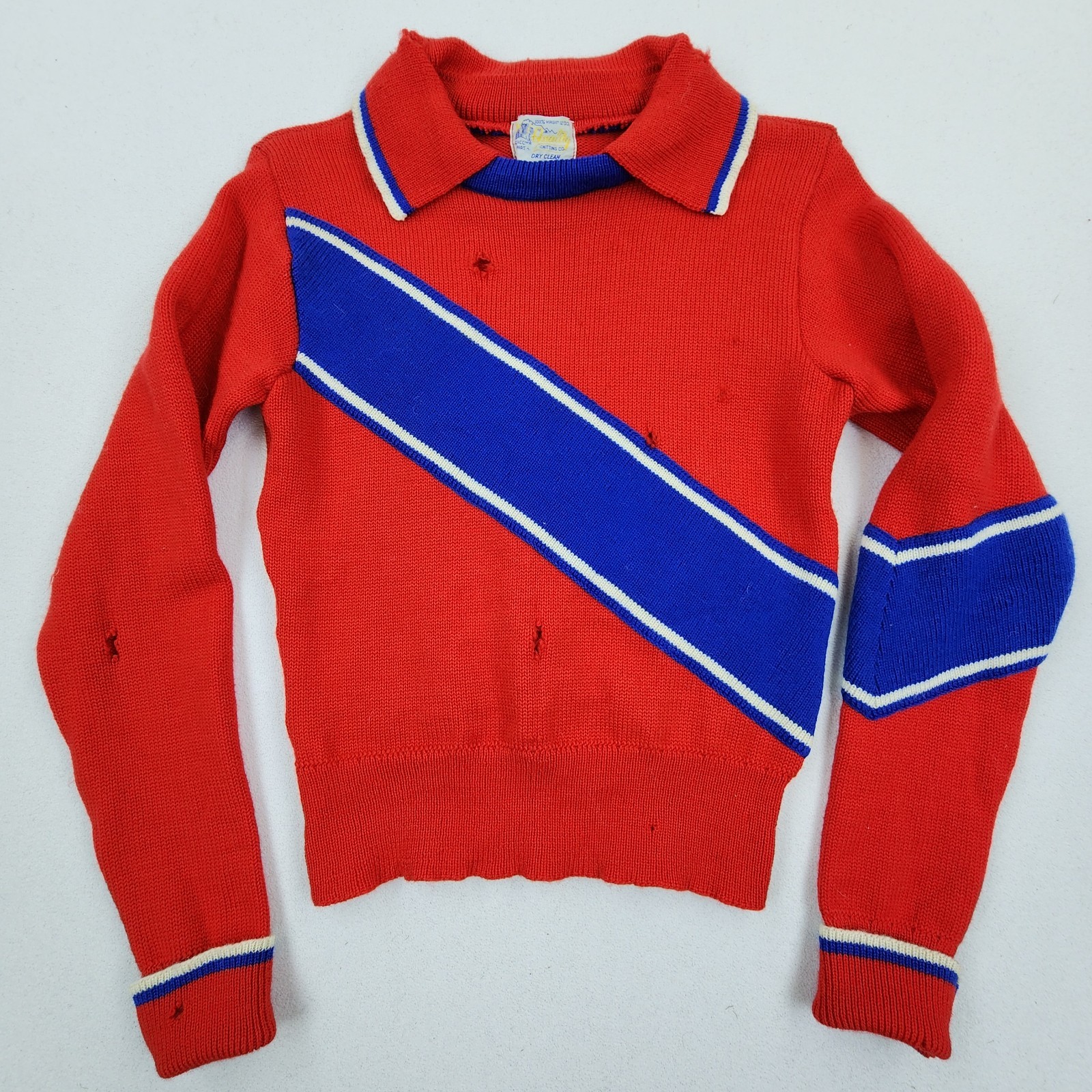 Vintage 1950s Varsity Cheer Sweater Womens USA Made Red Blue Virgin Wool 60s