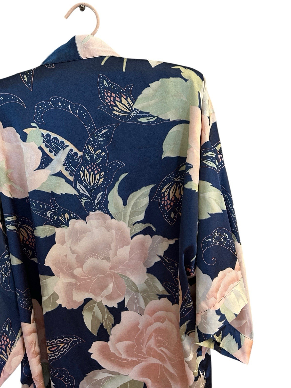 Vintage Satin Shiny Bell Angel Sleeve Kimono Robe Peach/Blush & Blue Floral