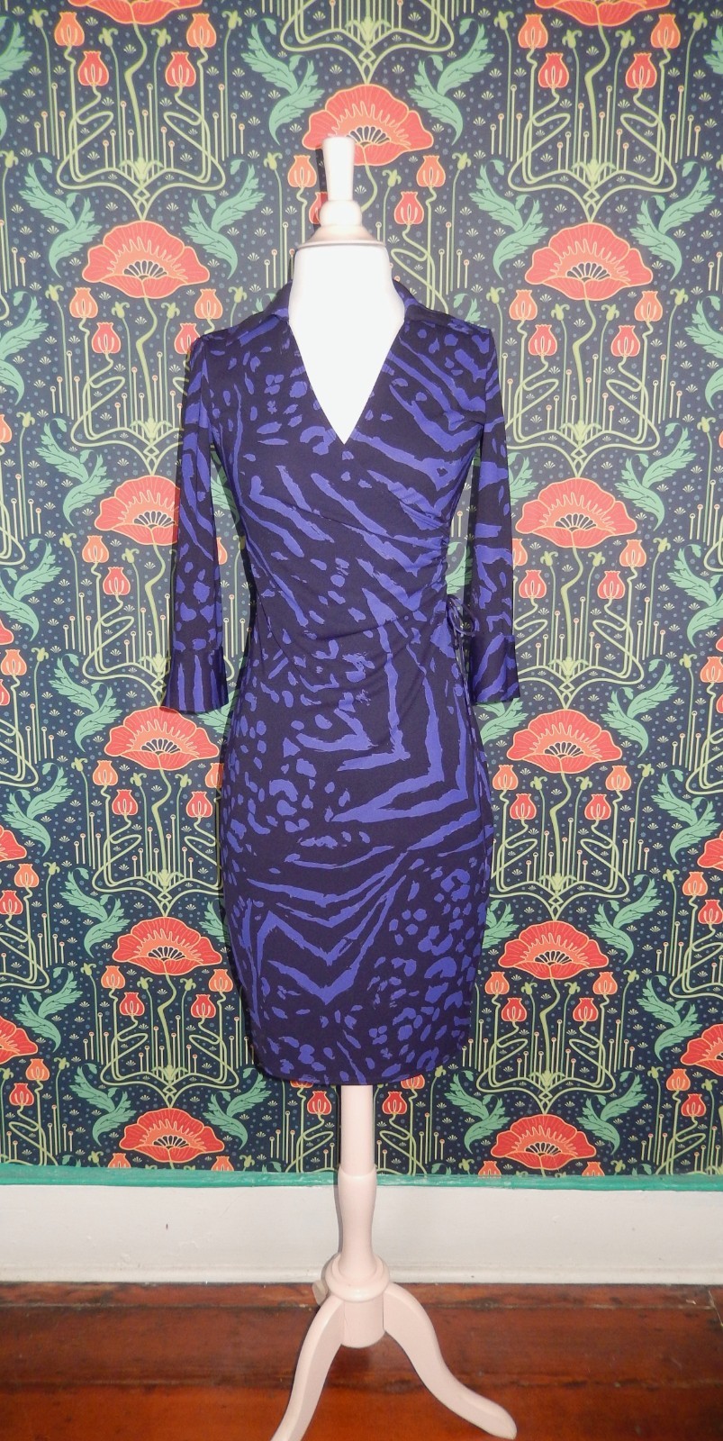 Vintage 90’s Y2K Laundry Navy Blue Purple Faux Wrap Knit Dress XS
