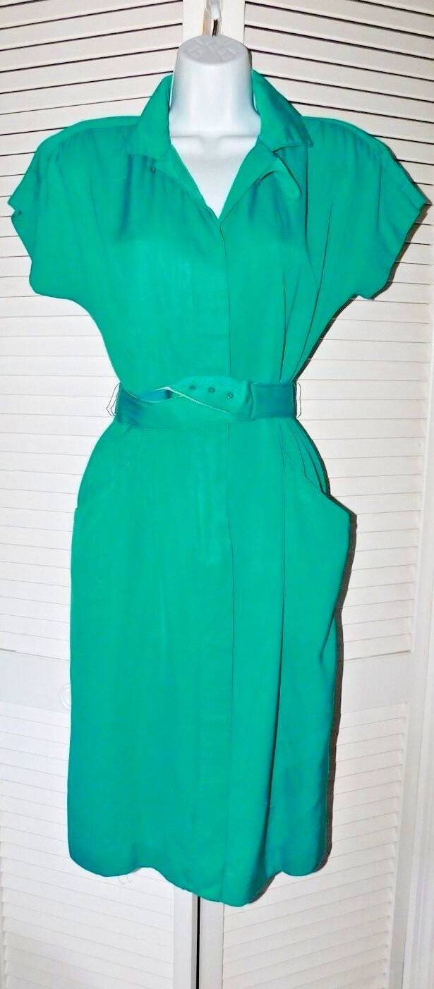 Vintage Katie MFG Size 7 8 Green Buttonfront Union Made USA 1980s Womens Dress